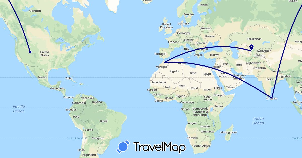 TravelMap itinerary: driving in Sri Lanka, Morocco, United States, Uzbekistan (Africa, Asia, North America)